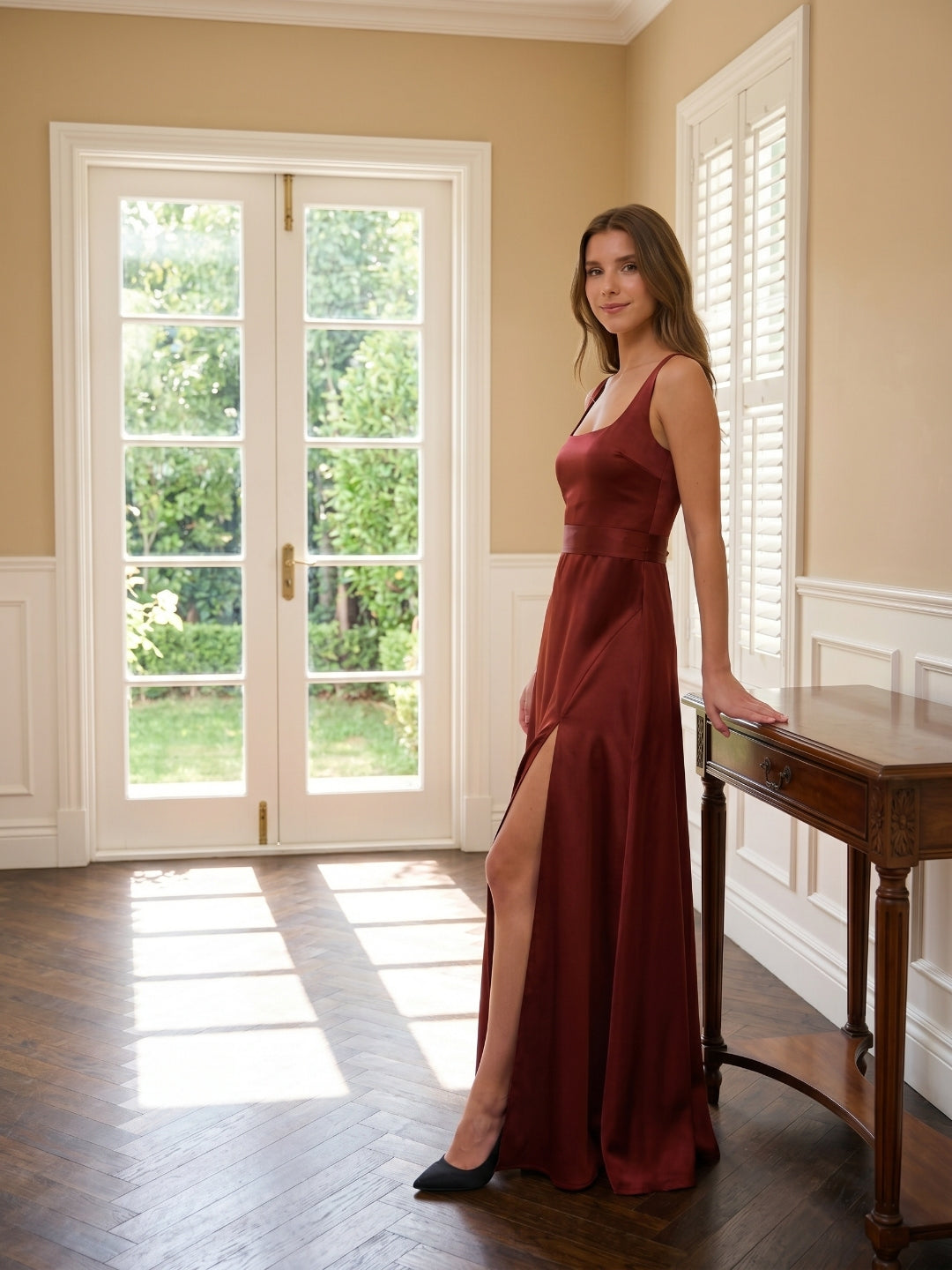 Wine Satin A-Line Square Neck Backless Ankle-Length Bridesmaid Dress - Curvevia