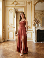 Wine Satin A-Line Square Neck Criss-Cross Straps Bridesmaid Dress with Ruffle - Curvevia