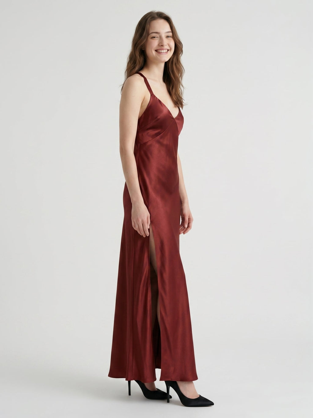 Wine Satin A-Line V-Neck Criss-Cross Floor-Length Bridesmaid Dress - Curvevia
