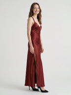 Wine Satin A-Line V-Neck Criss-Cross Floor-Length Bridesmaid Dress - Curvevia