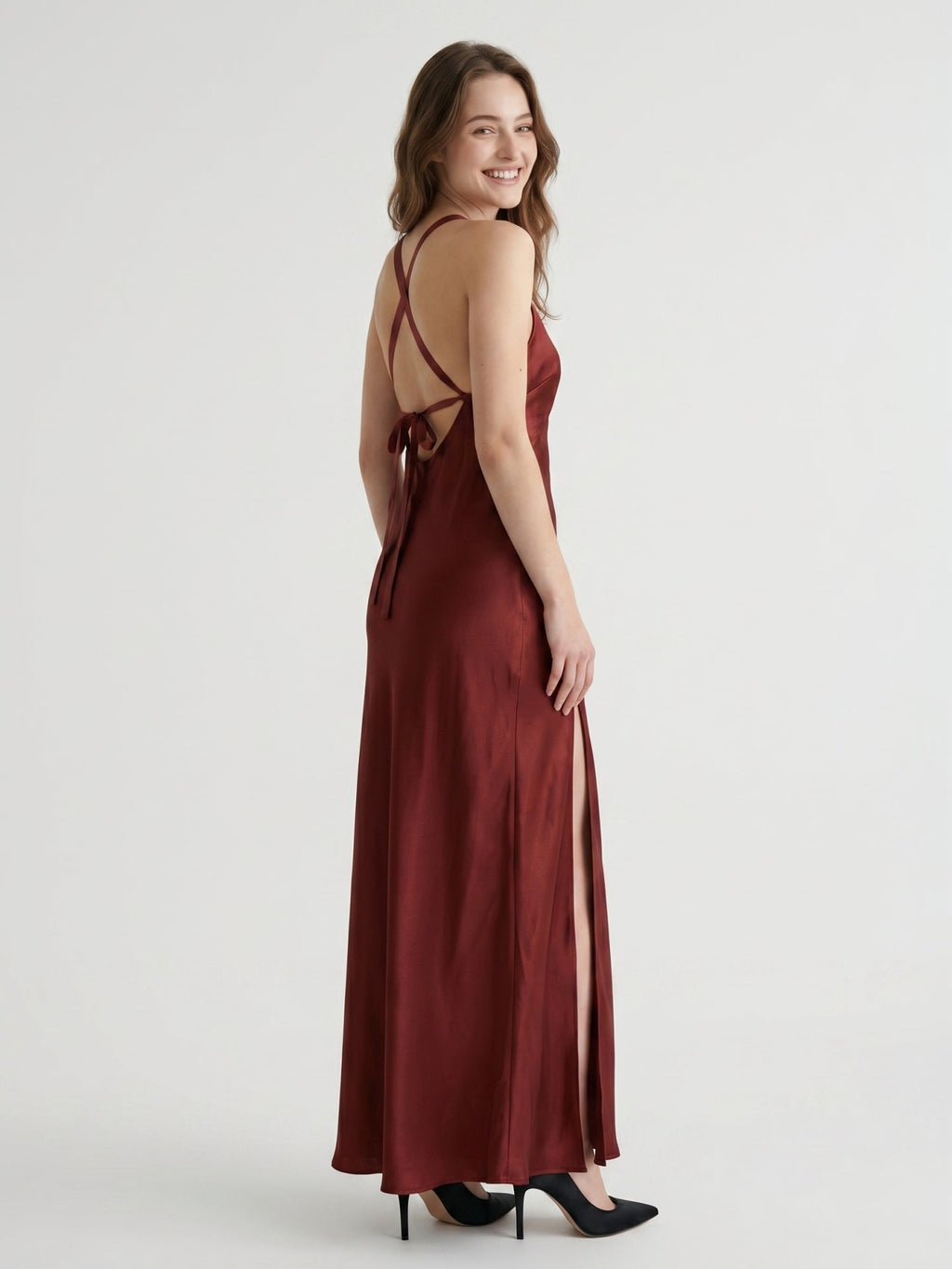 Wine Satin A-Line V-Neck Criss-Cross Floor-Length Bridesmaid Dress - Curvevia