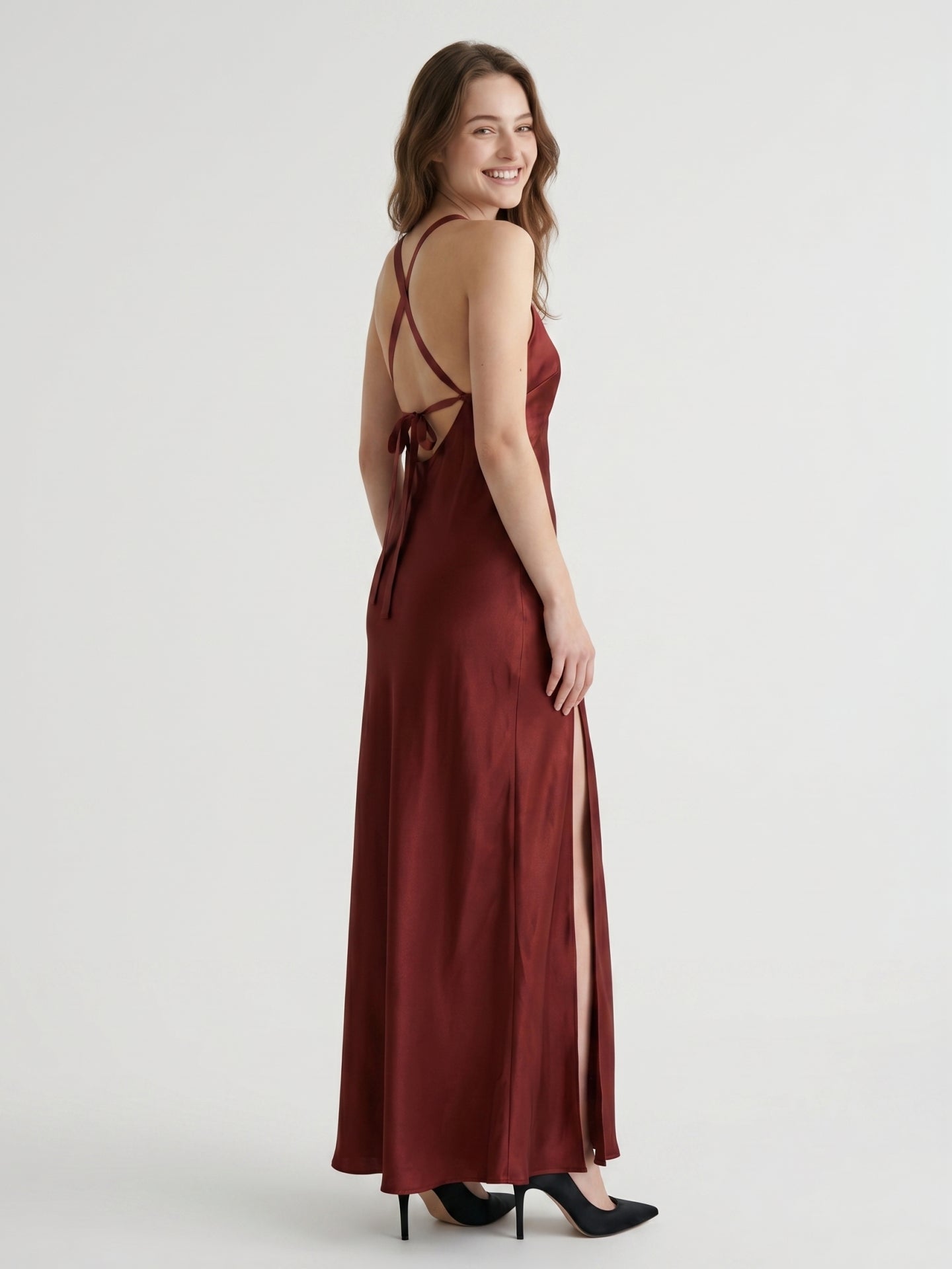 Wine Satin A-Line V-Neck Criss-Cross Floor-Length Bridesmaid Dress - Curvevia