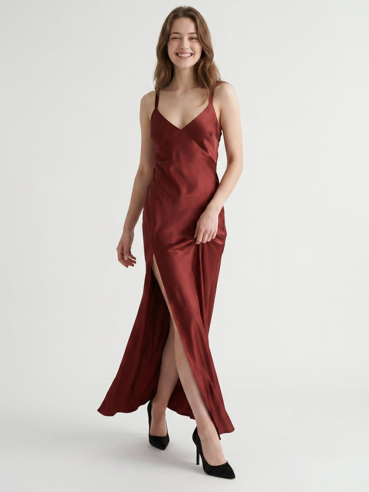 Wine Satin A-Line V-Neck Criss-Cross Floor-Length Bridesmaid Dress - Curvevia