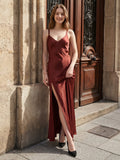 Wine Satin A-Line V-Neck Criss-Cross Floor-Length Bridesmaid Dress - Curvevia