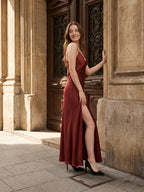 Wine Satin A-Line V-Neck Criss-Cross Floor-Length Bridesmaid Dress - Curvevia