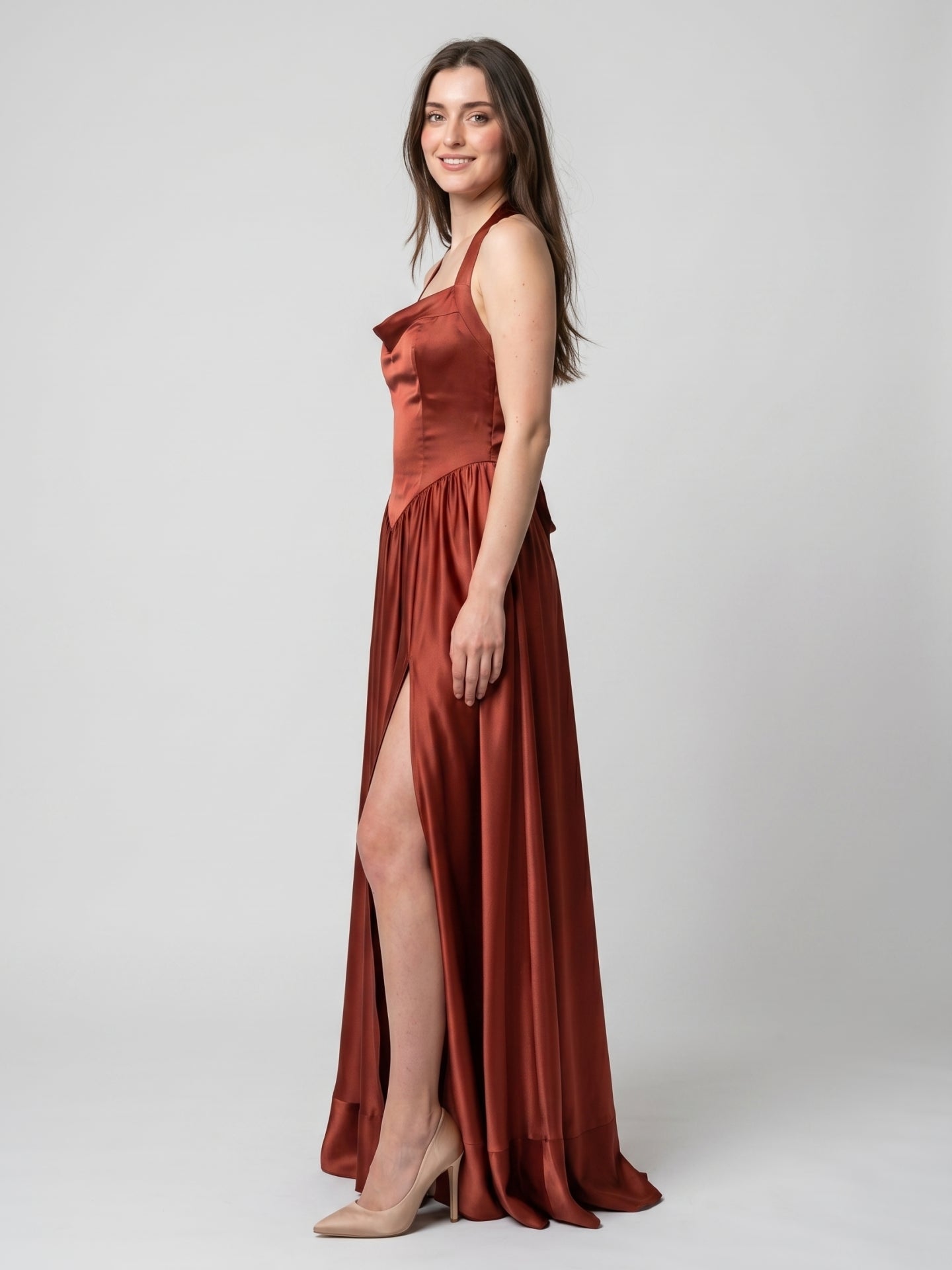 Wine Satin A-Line V-Neck Criss-Cross Straps Floor-Length Bridesmaid Dress - Curvevia