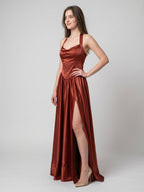 Wine Satin A-Line V-Neck Criss-Cross Straps Floor-Length Bridesmaid Dress - Curvevia