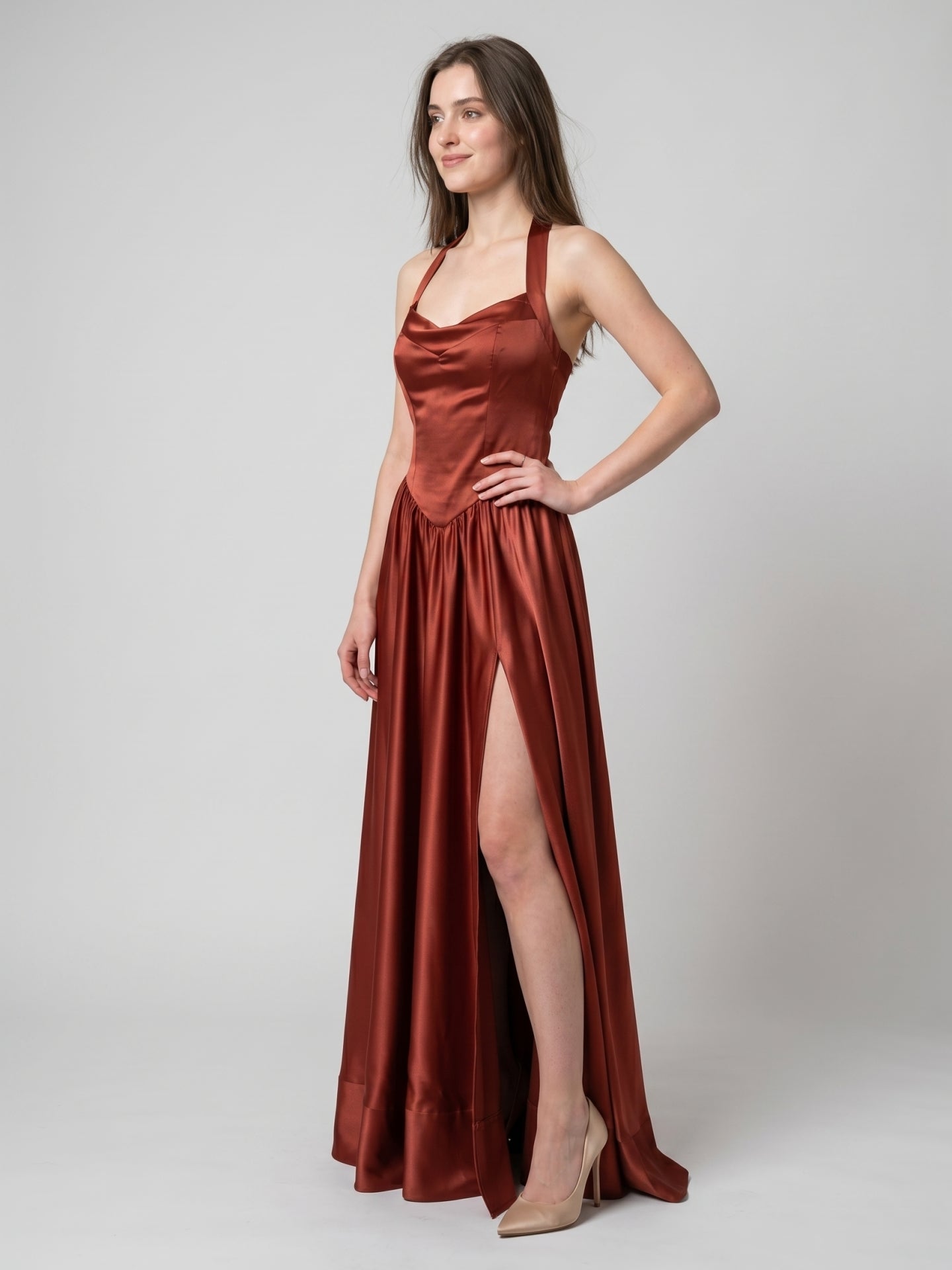 Wine Satin A-Line V-Neck Criss-Cross Straps Floor-Length Bridesmaid Dress - Curvevia