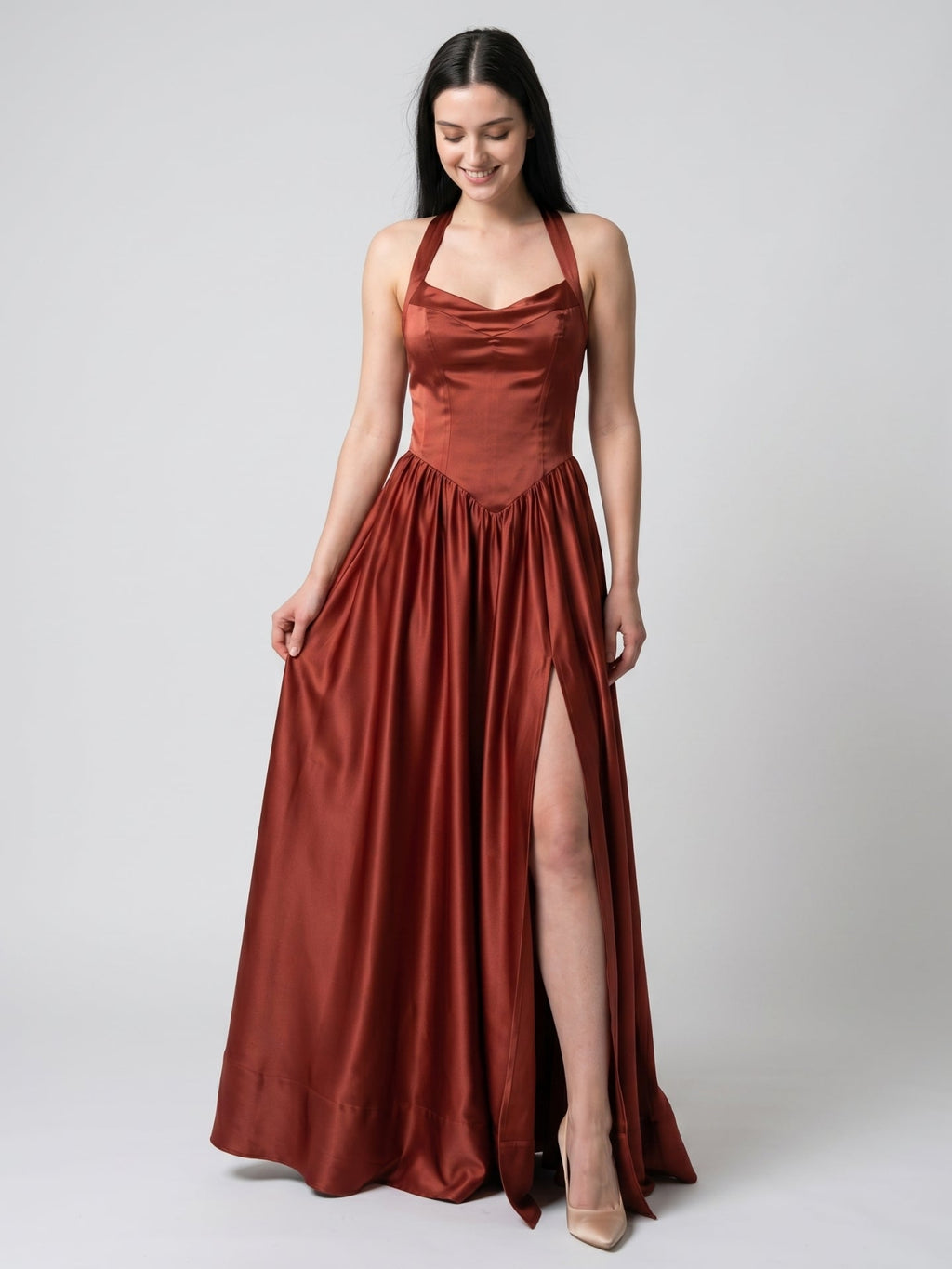Wine Satin A-Line V-Neck Criss-Cross Straps Floor-Length Bridesmaid Dress - Curvevia