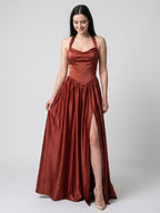 Wine Satin A-Line V-Neck Criss-Cross Straps Floor-Length Bridesmaid Dress - Curvevia