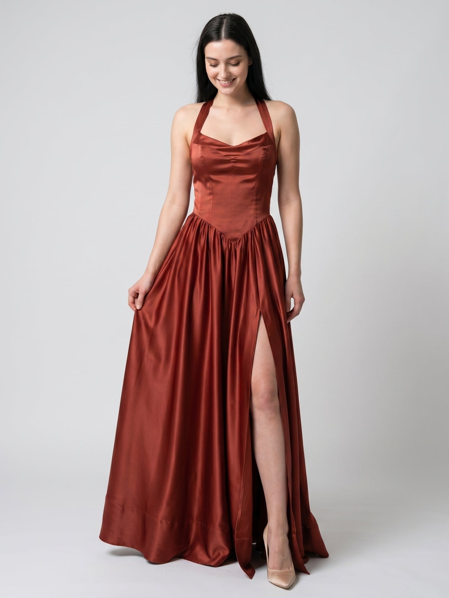 Wine Satin A-Line V-Neck Criss-Cross Straps Floor-Length Bridesmaid Dress - Curvevia
