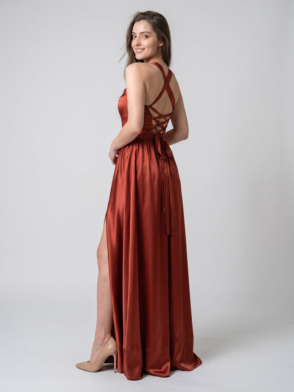Wine Satin A-Line V-Neck Criss-Cross Straps Floor-Length Bridesmaid Dress - Curvevia