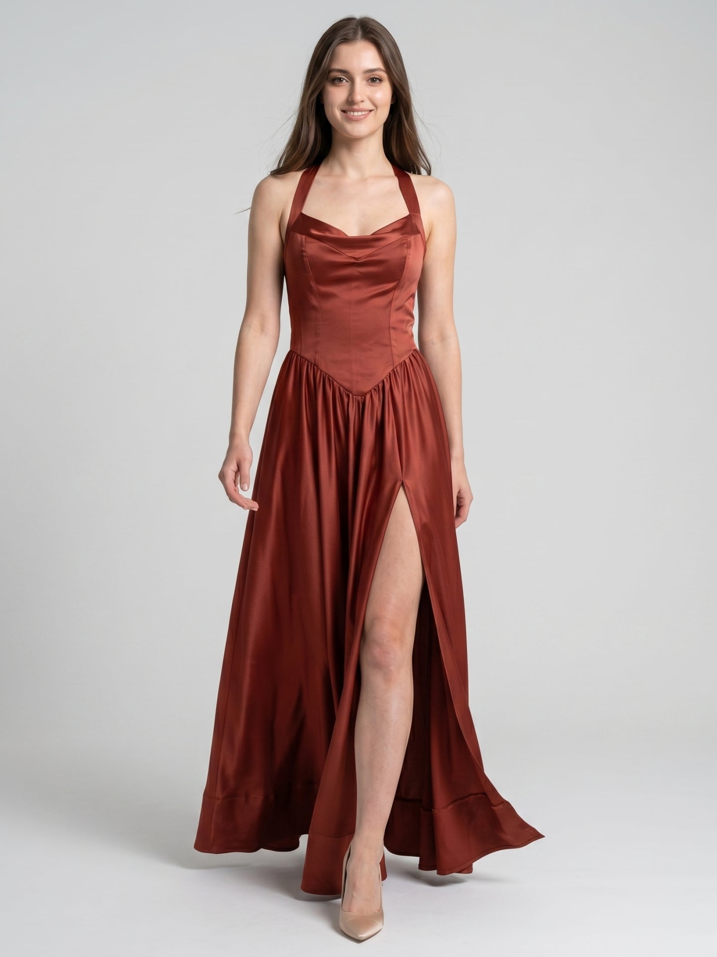 Wine Satin A-Line V-Neck Criss-Cross Straps Floor-Length Bridesmaid Dress - Curvevia
