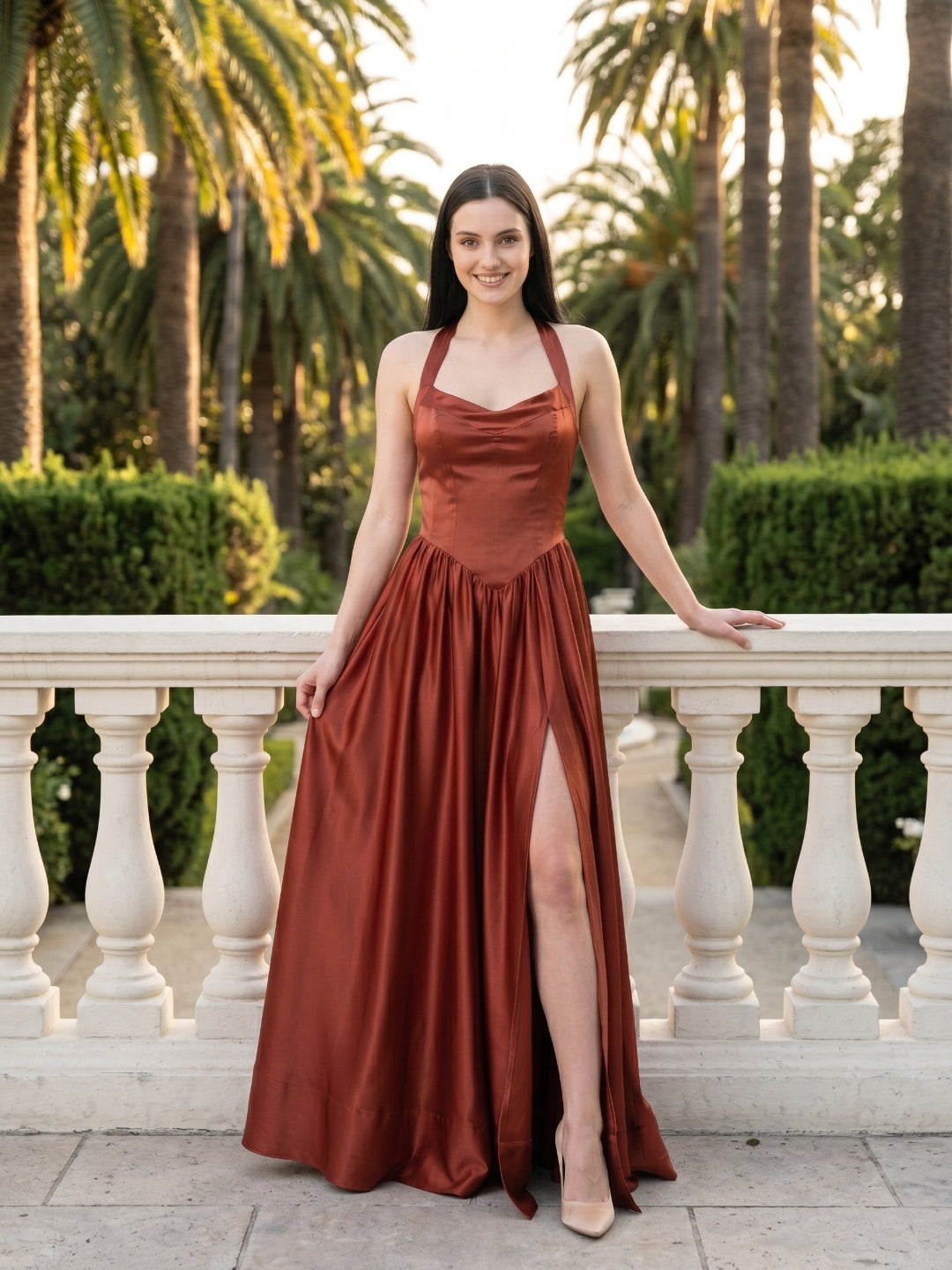 Wine Satin A-Line V-Neck Criss-Cross Straps Floor-Length Bridesmaid Dress - Curvevia