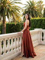 Wine Satin A-Line V-Neck Criss-Cross Straps Floor-Length Bridesmaid Dress - Curvevia