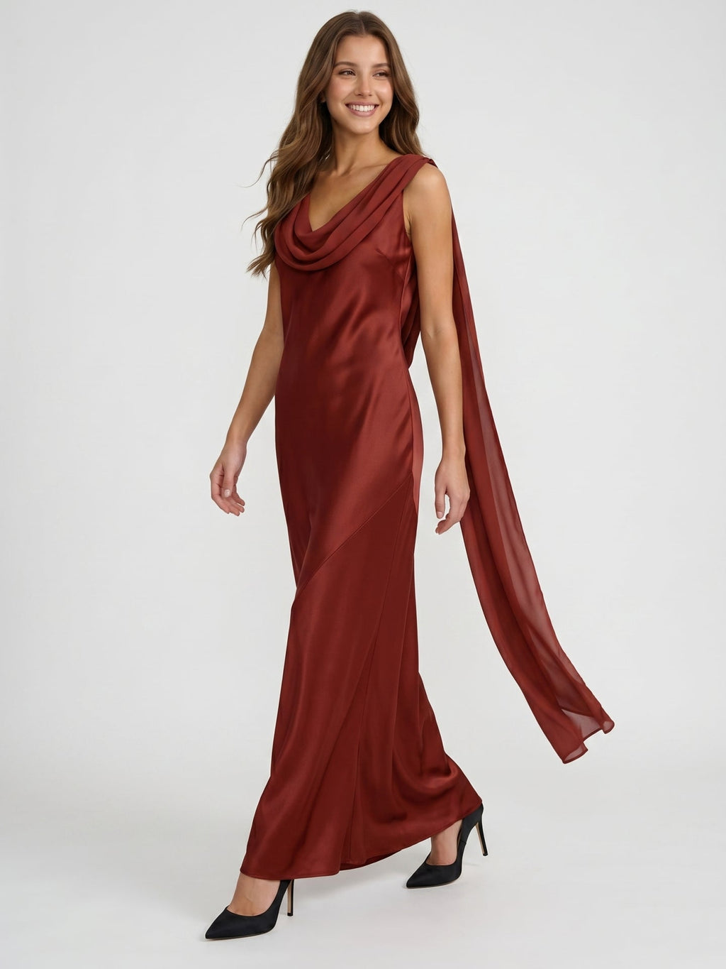 Wine Satin Sheath Cowl Neck Floor-Length Bridesmaid Dress with Cape - Curvevia