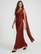 Wine Satin Sheath Cowl Neck Floor-Length Bridesmaid Dress with Cape - Curvevia