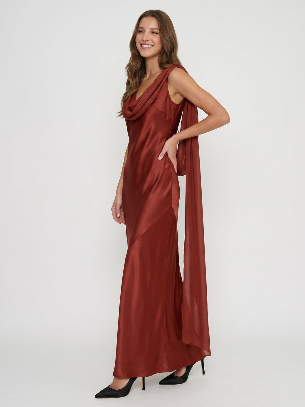Wine Satin Sheath Cowl Neck Floor-Length Bridesmaid Dress with Cape - Curvevia