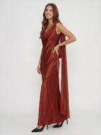Wine Satin Sheath Cowl Neck Floor-Length Bridesmaid Dress with Cape - Curvevia