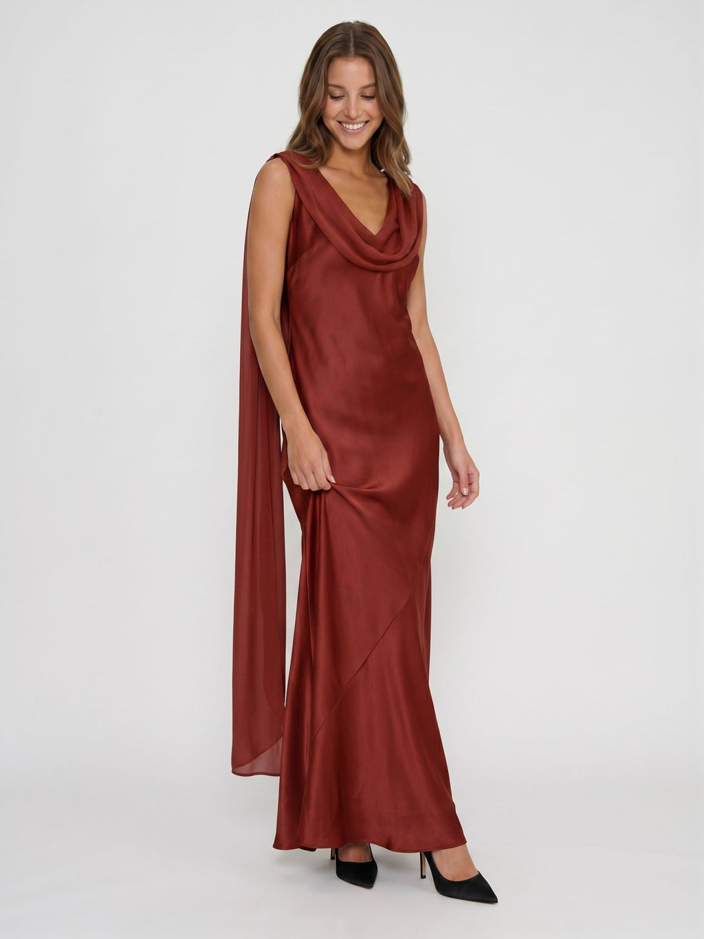 Wine Satin Sheath Cowl Neck Floor-Length Bridesmaid Dress with Cape - Curvevia