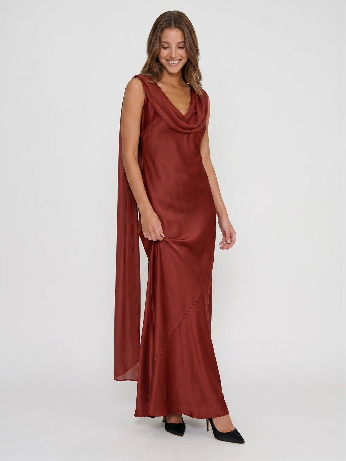 Wine Satin Sheath Cowl Neck Floor-Length Bridesmaid Dress with Cape - Curvevia