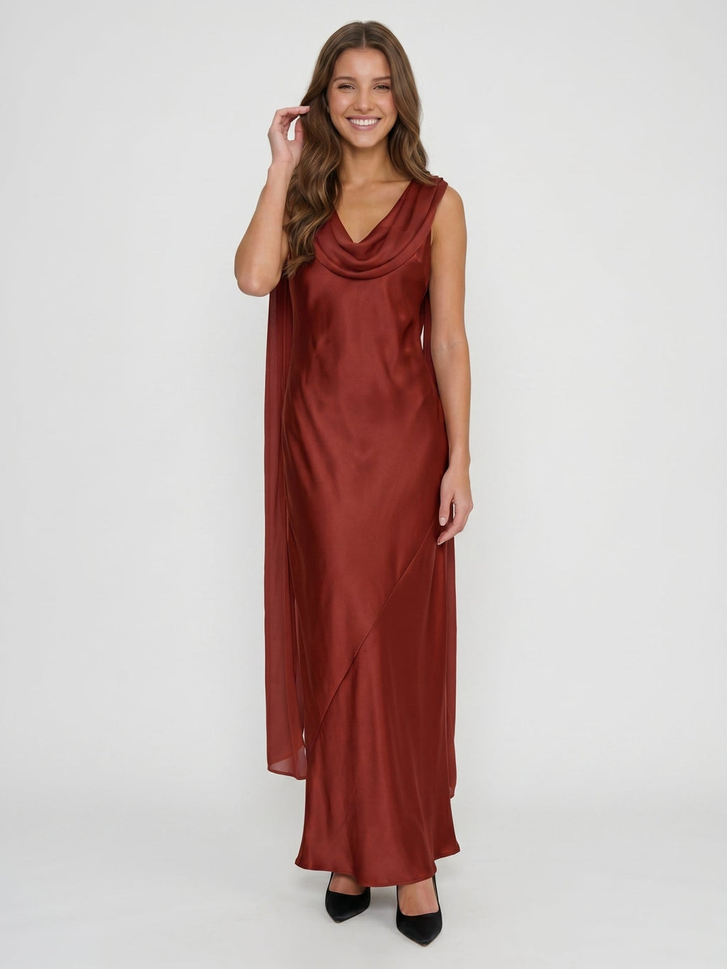 Wine Satin Sheath Cowl Neck Floor-Length Bridesmaid Dress with Cape - Curvevia