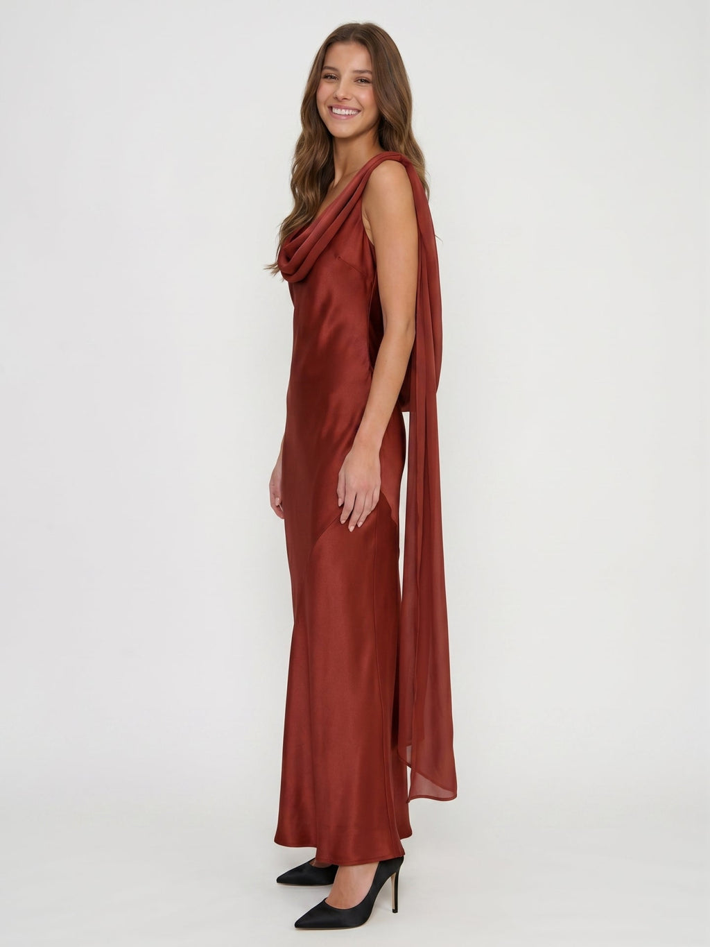 Wine Satin Sheath Cowl Neck Floor-Length Bridesmaid Dress with Cape - Curvevia