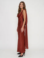 Wine Satin Sheath Cowl Neck Floor-Length Bridesmaid Dress with Cape - Curvevia