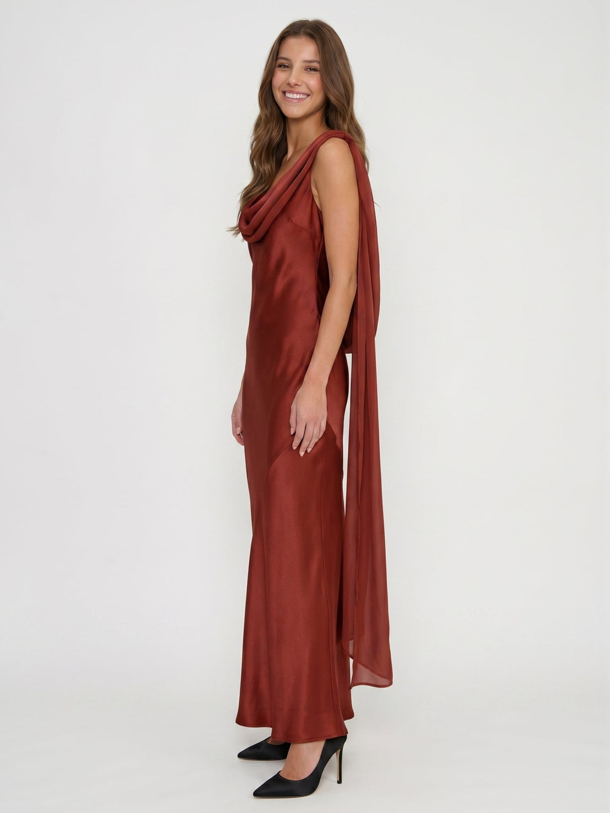 Wine Satin Sheath Cowl Neck Floor-Length Bridesmaid Dress with Cape - Curvevia