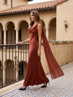 Wine Satin Sheath Cowl Neck Floor-Length Bridesmaid Dress with Cape - Curvevia