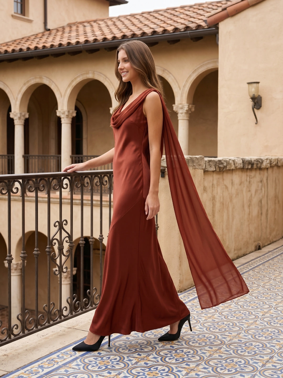 Wine Satin Sheath Cowl Neck Floor-Length Bridesmaid Dress with Cape - Curvevia