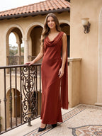 Wine Satin Sheath Cowl Neck Floor-Length Bridesmaid Dress with Cape - Curvevia