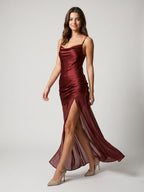 Wine Satin Sheath Cowl Neck Side Zip Floor-Length Evening Dress - Curvevia