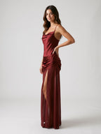 Wine Satin Sheath Cowl Neck Side Zip Floor-Length Evening Dress - Curvevia