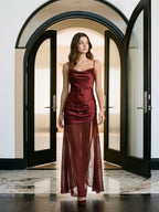 Wine Satin Sheath Cowl Neck Side Zip Floor-Length Evening Dress - Curvevia