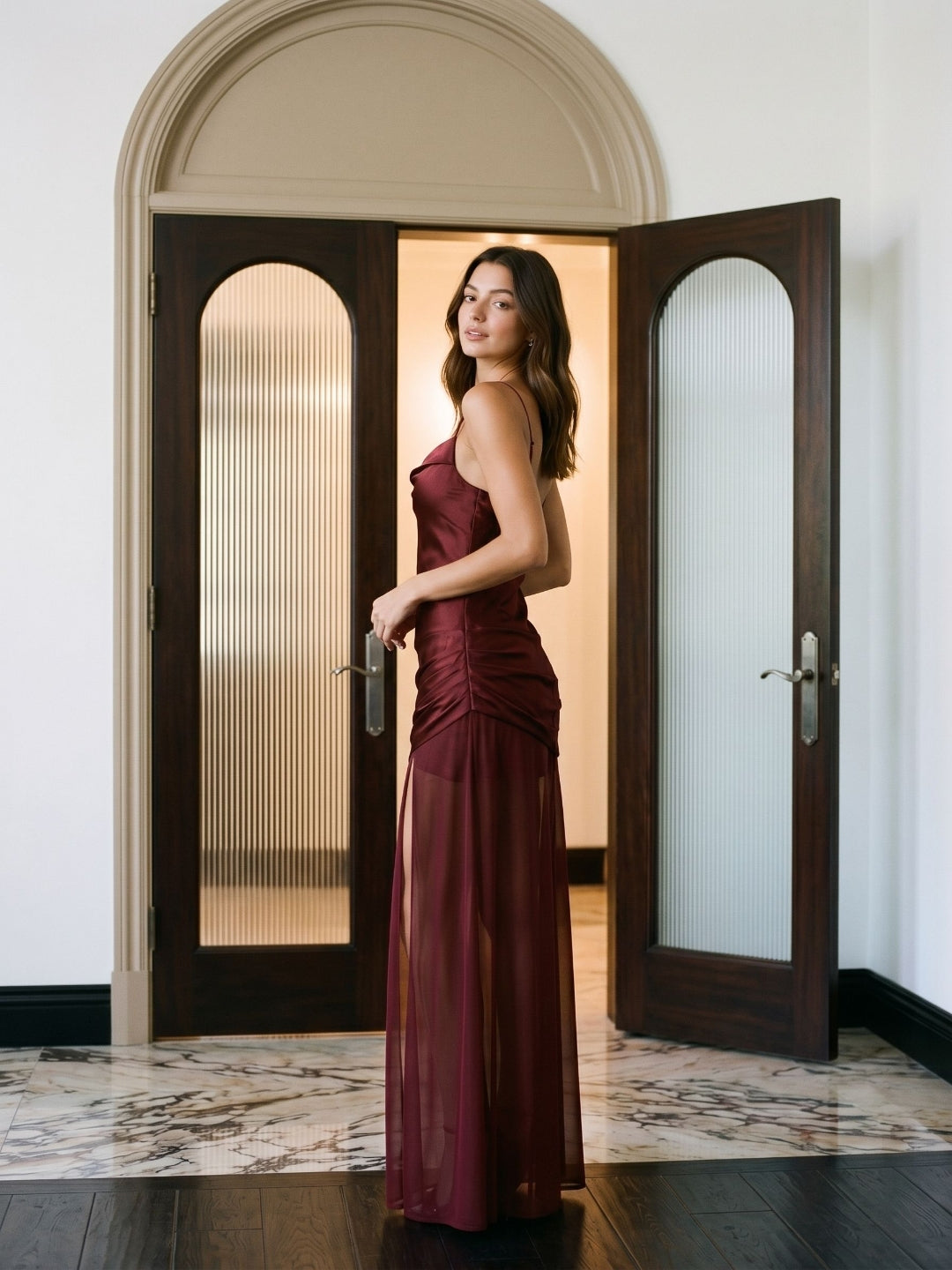 Wine Satin Sheath Cowl Neck Side Zip Floor-Length Evening Dress - Curvevia