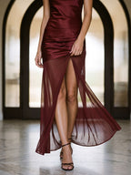 Wine Satin Sheath Cowl Neck Side Zip Floor-Length Evening Dress - Curvevia