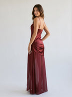 Wine Satin Sheath Cowl Neck Side Zip Floor-Length Evening Dress - Curvevia