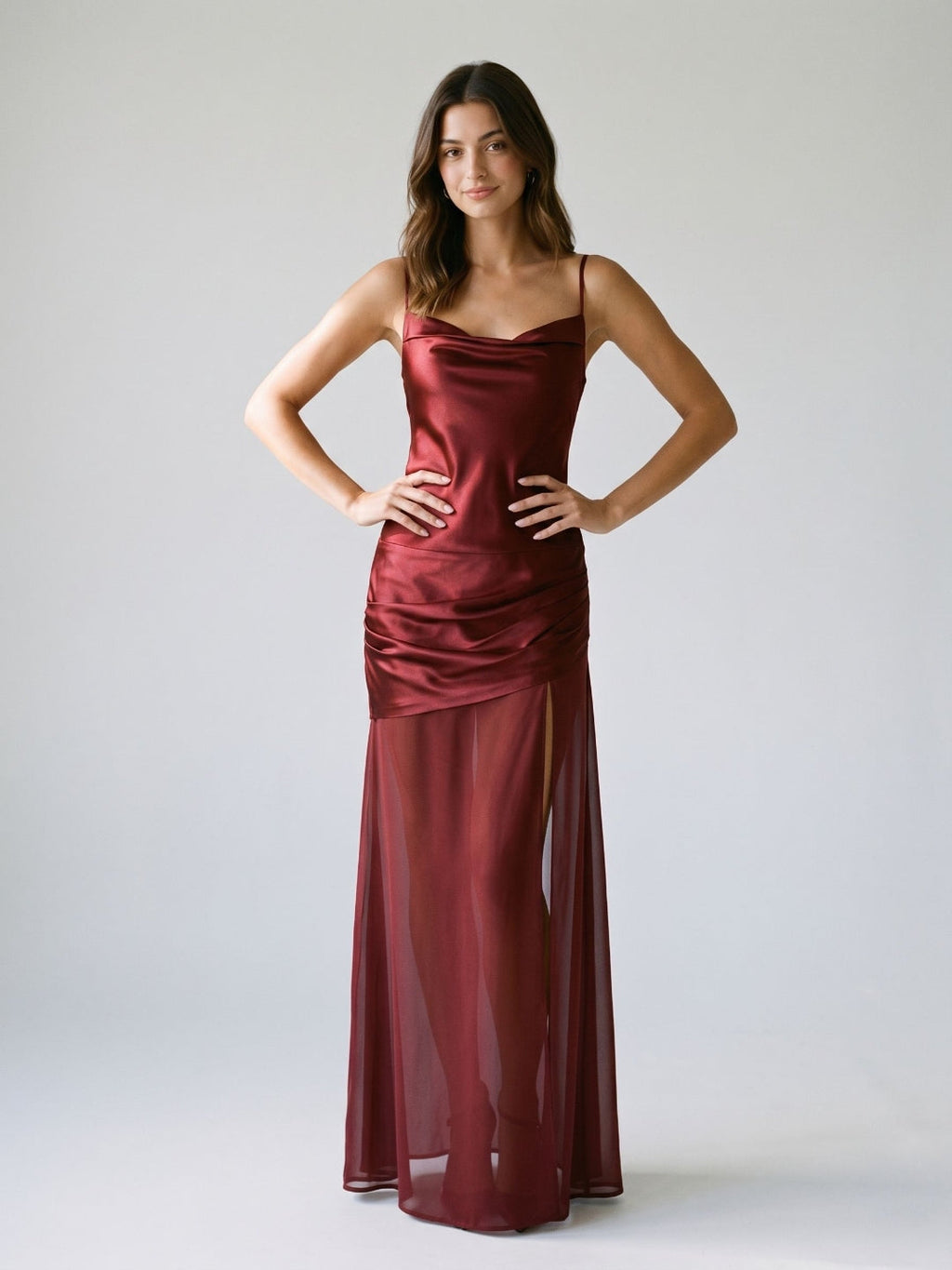 Wine Satin Sheath Cowl Neck Side Zip Floor-Length Evening Dress - Curvevia