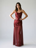 Wine Satin Sheath Cowl Neck Side Zip Floor-Length Evening Dress - Curvevia