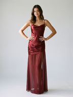 Wine Satin Sheath Cowl Neck Side Zip Floor-Length Evening Dress - Curvevia