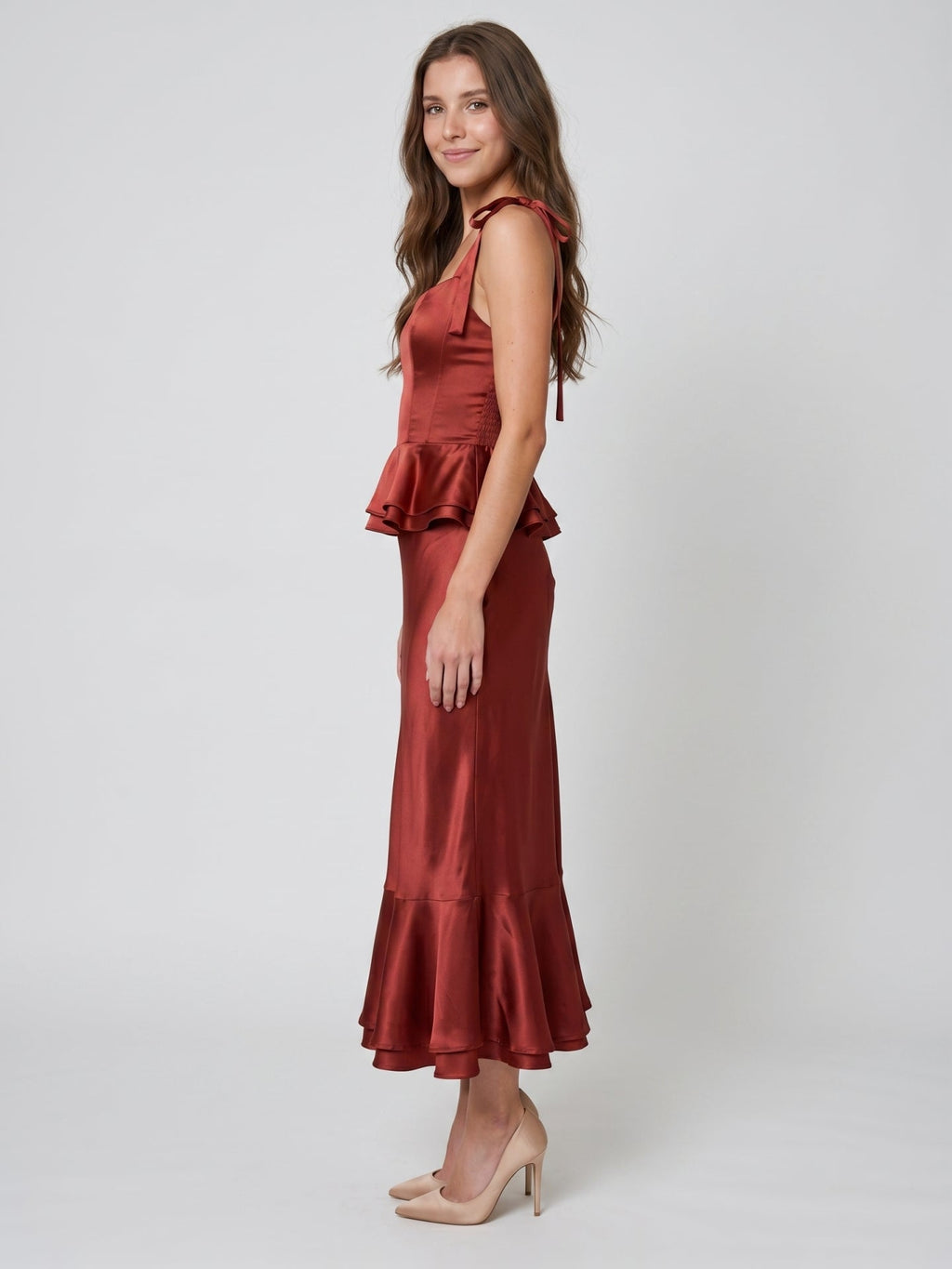 Wine Satin Sheath Halter Back Zip Ankle-Length Bridesmaid Dress with Ruffles - Curvevia