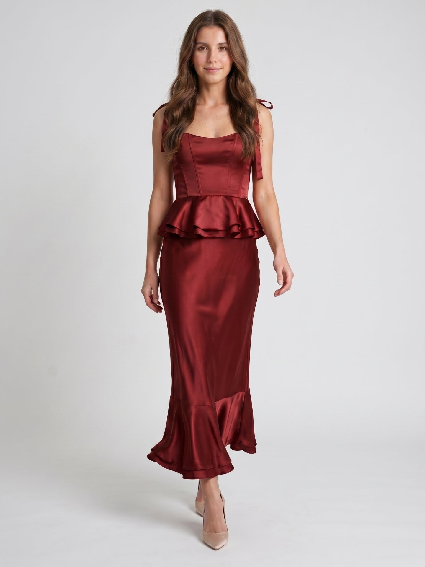 Wine Satin Sheath Halter Back Zip Ankle-Length Bridesmaid Dress with Ruffles - Curvevia