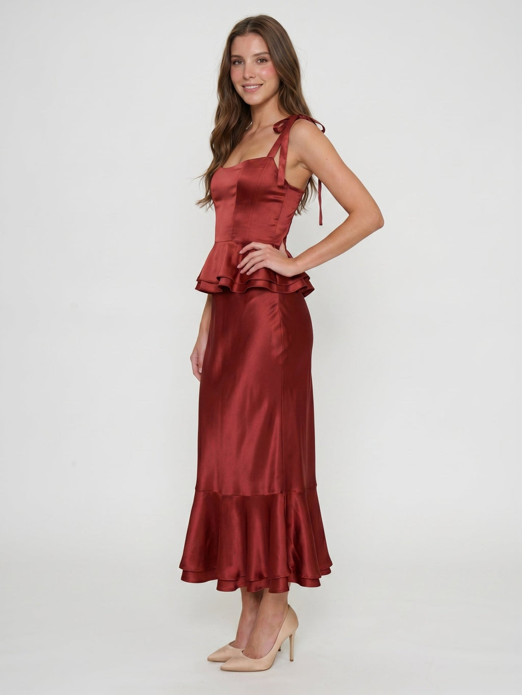 Wine Satin Sheath Halter Back Zip Ankle-Length Bridesmaid Dress with Ruffles - Curvevia