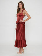 Wine Satin Sheath Halter Back Zip Ankle-Length Bridesmaid Dress with Ruffles - Curvevia