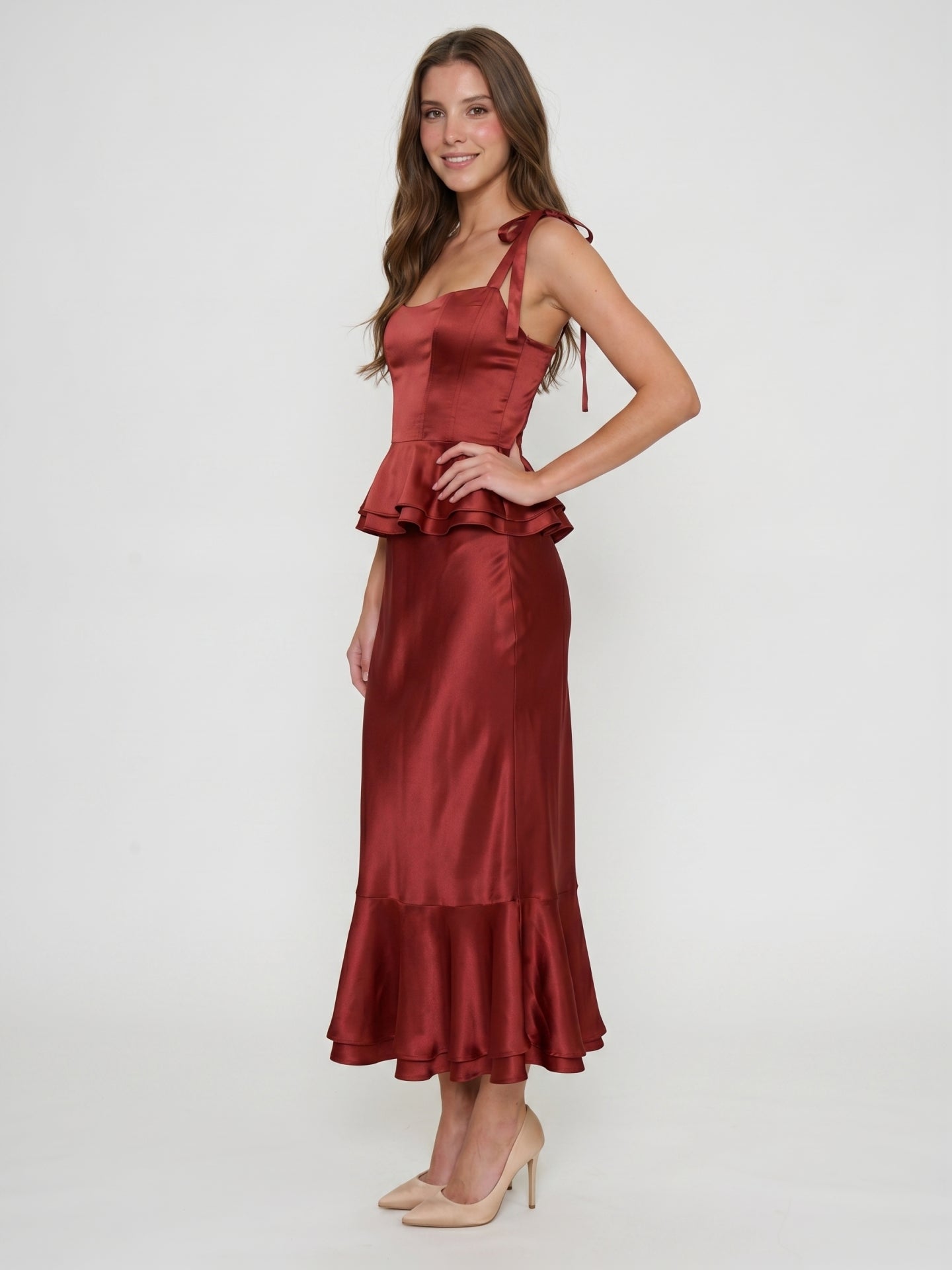 Wine Satin Sheath Halter Back Zip Ankle-Length Bridesmaid Dress with Ruffles - Curvevia