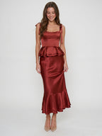 Wine Satin Sheath Halter Back Zip Ankle-Length Bridesmaid Dress with Ruffles - Curvevia