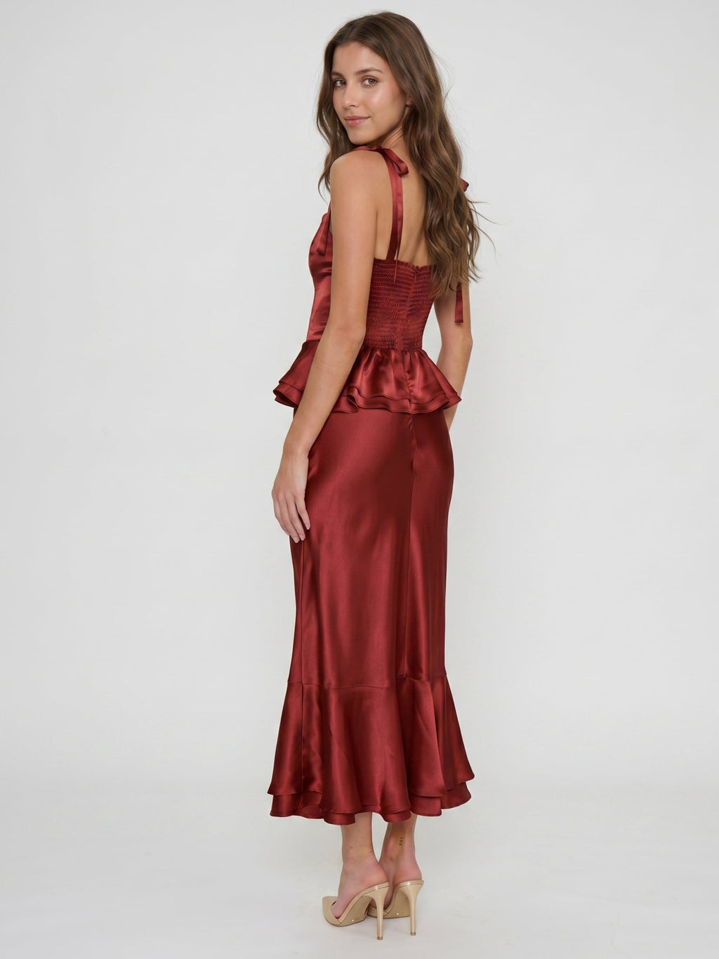 Wine Satin Sheath Halter Back Zip Ankle-Length Bridesmaid Dress with Ruffles - Curvevia