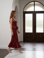 Wine Satin Sheath Halter Back Zip Ankle-Length Bridesmaid Dress with Ruffles - Curvevia