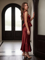 Wine Satin Sheath Halter Back Zip Ankle-Length Bridesmaid Dress with Ruffles - Curvevia